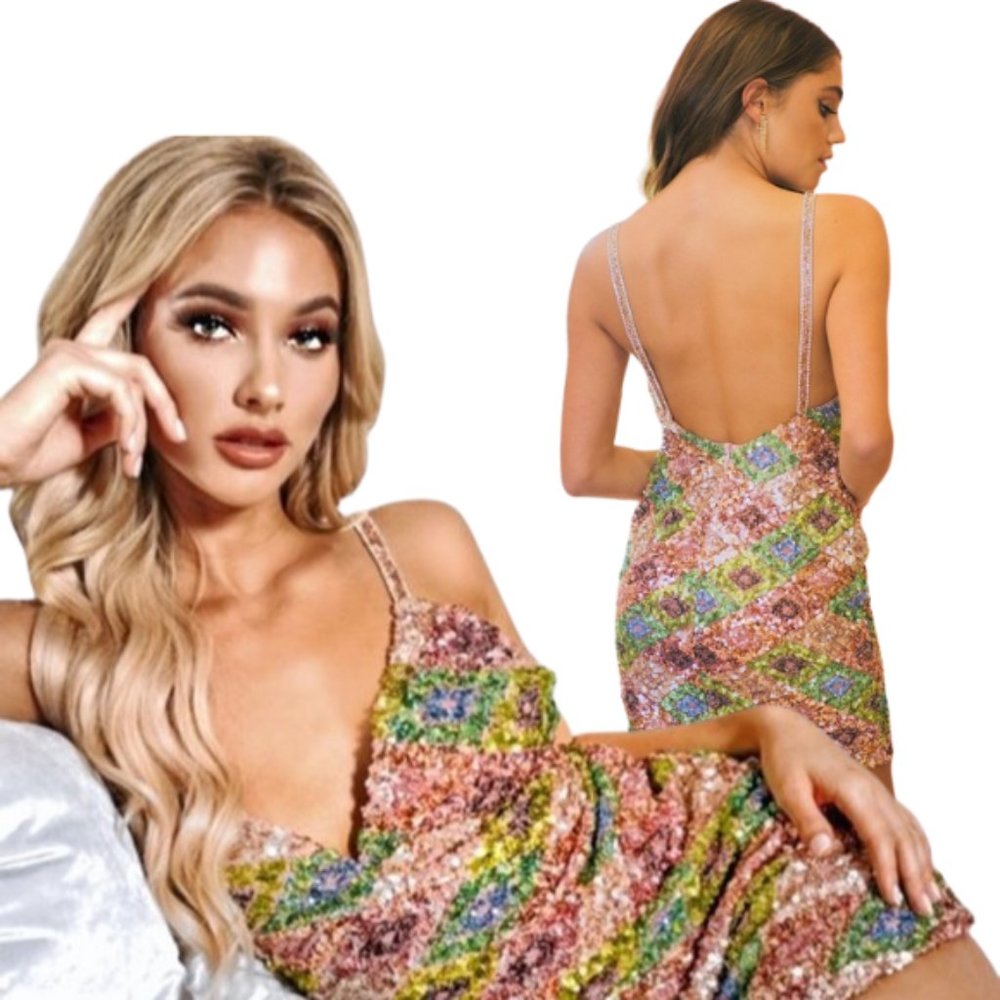 Stunning Pastel sequin Low Back Mini Dress - Picture 2 of 11